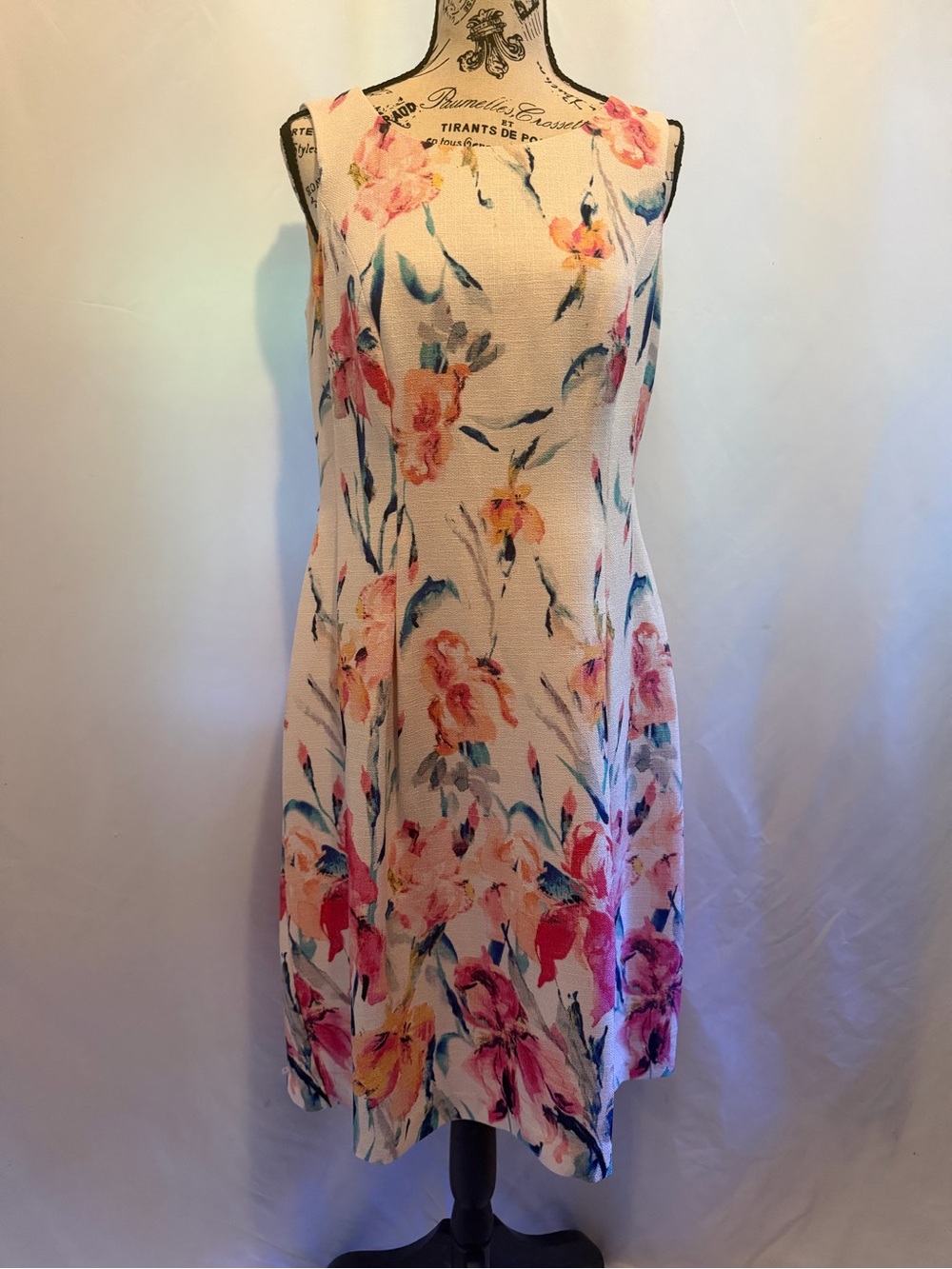 Floral Cream and Pink Midi Dress - Sleeveless A-Line